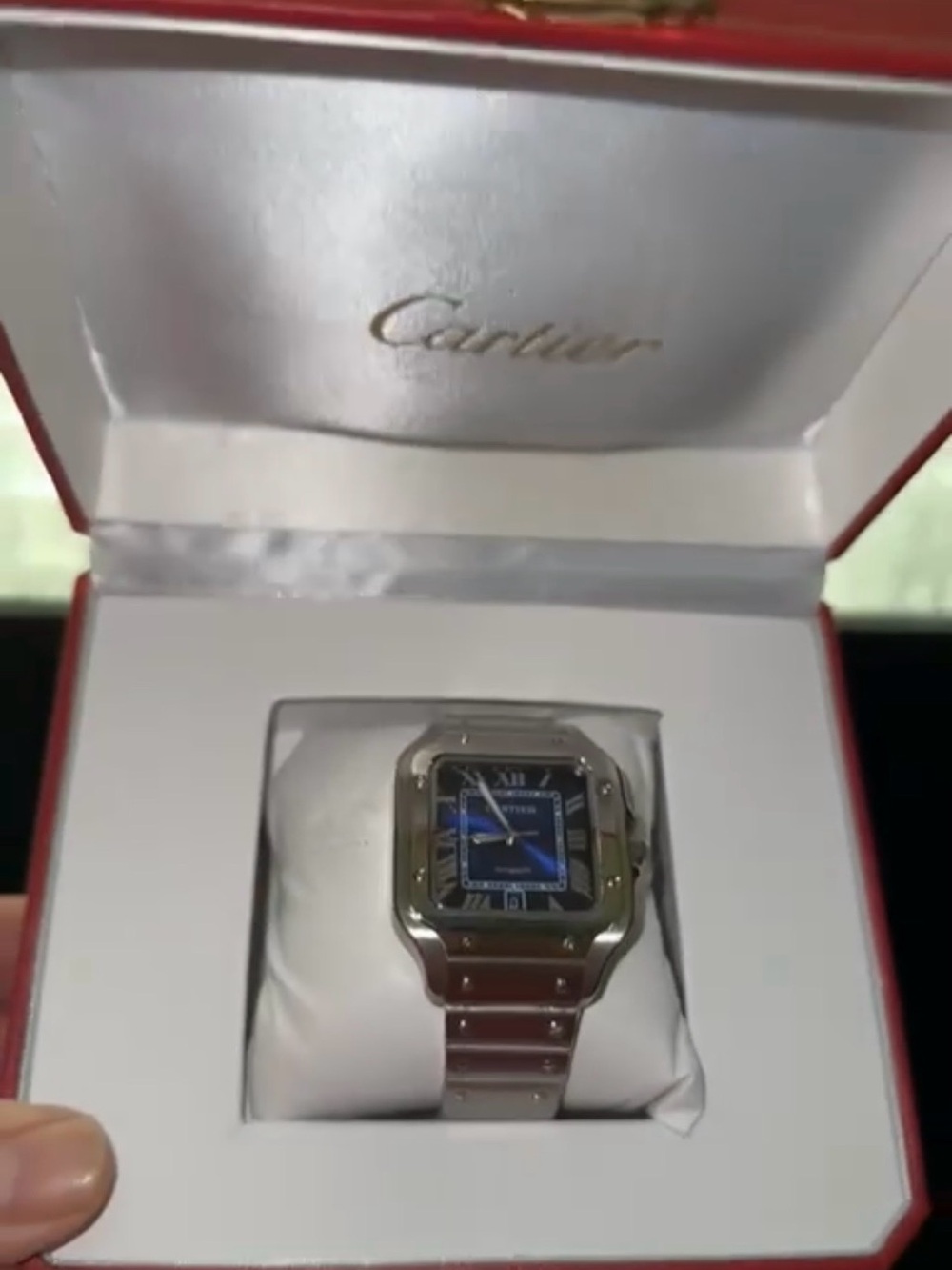 Cartier Santos Stainless Steel Watch with Blue Dial and Silver Bracelet